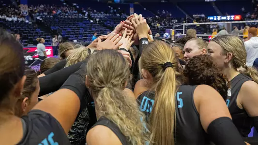 UNF VB team huddle at LSU