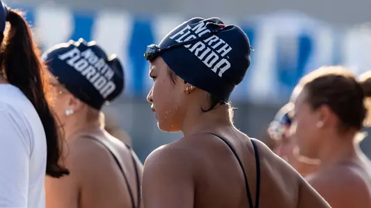 Victoria Torres waiting to enter pool