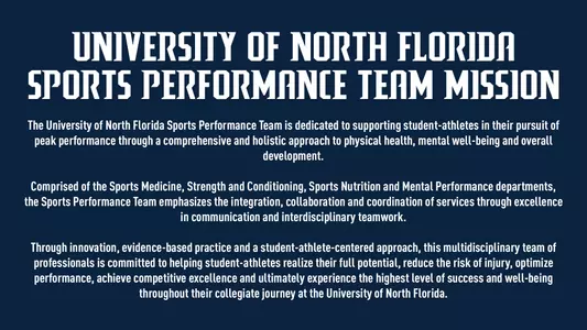 Navy background with the 2026-27 University of North Florida Athletics Sports Performance Team Mission statement