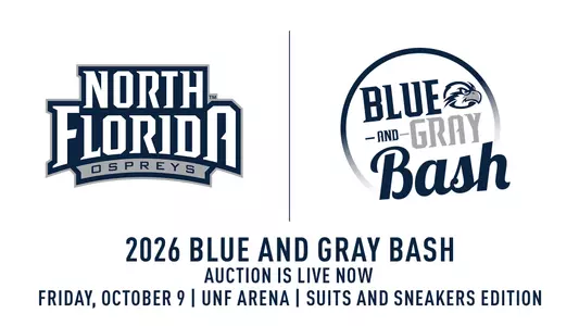 White background with University of North Florida Athletics banner logo and 2026 Blue and Gray Bash logo with text explaining that the event auction is live now and the date, location and theme of the event.