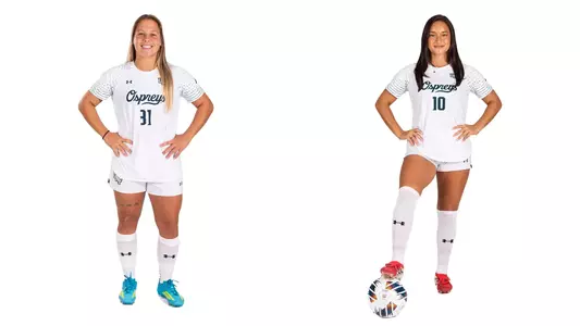 White backdrop photo of midfielder Paige McSwigan and forward Allie Fekany ahead of the 2026 season