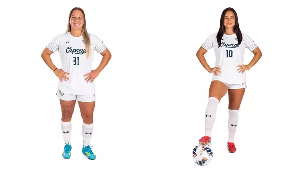 White backdrop photo of midfielder Paige McSwigan and forward Allie Fekany ahead of the 2026 season