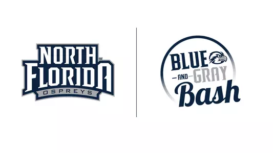 White background with University of North Florida Athletics logo and Blue and Gray Bash logo