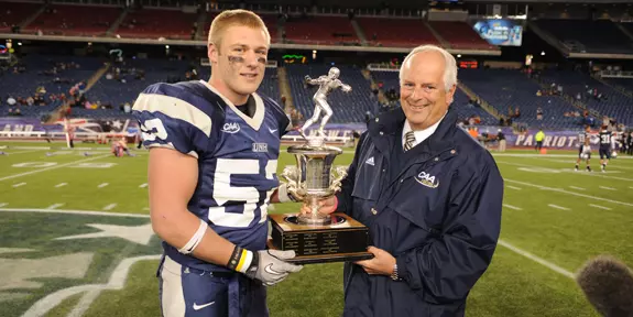#9 FOOTBALL WINS INAUGURAL COLONIAL CLASH, 39-13, OVER #12 UMASS BEFORE LARGEST CAA CROWD EVER Image