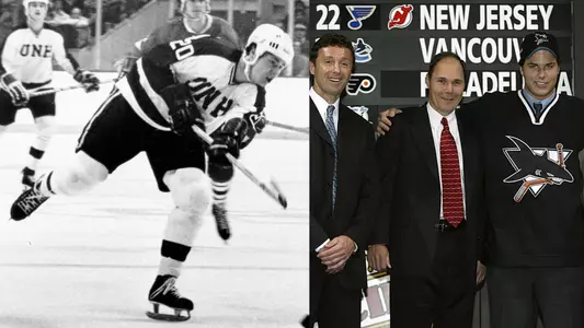 Tim Burke in his UNH playing days, and center in right photo, in his role as San Jose's director of scouting.