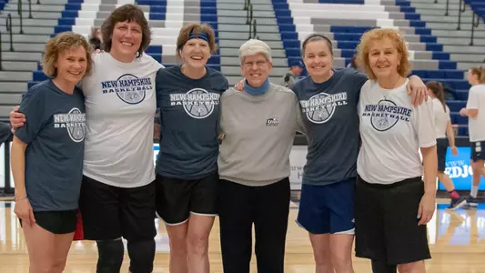 Linda Martin, Gail Jackson Wolfe, Theresa Redmon Stevens, Cathy Coakley, Martha Morrison and Jean Burr at the women's alumni basketball game in January.