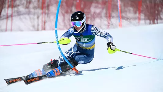 STOWE, VT - MARCH 09: Athletes compete in run #1 of the Women's Slalom race during the Division I Men's and Women's Skiing Championship held at the Trapp Family Lodge on March 9, 2019 in Stowe, Vermont. (Photo by Brett Wilhelm/NCAA Photos via Getty Images)