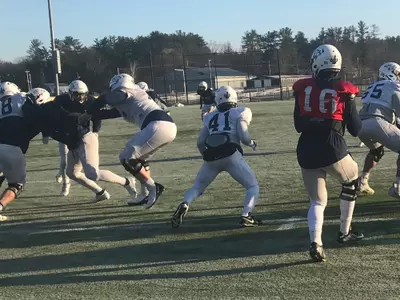 Max Brosmer looks for receivers during practice Wednesday morning.