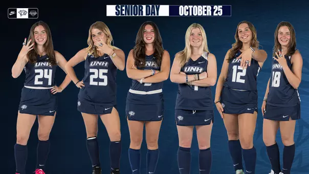 The 2026 UNH field hockey seniors: Armlin, Graves, MacNeil, Dempsey, Johnson and Petiet.