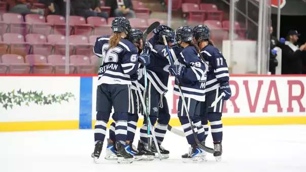 Women's hockey celebrates a goal.
