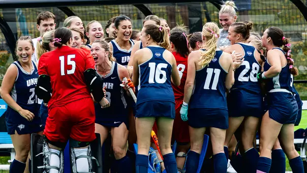 Team celebration following 1-0 overtime win vs. Vermont in 2026