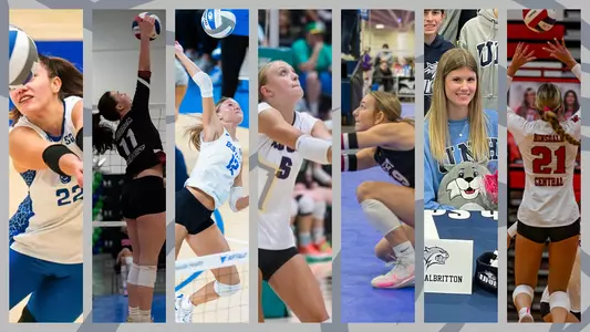 Action photos of new volleyball recruits (L to R): Hady Pickard, Julianne Lee, Emma Converse, Cecilia Anderson, Vivien Affeldt, Avery Albritton, Caitlin Leddy