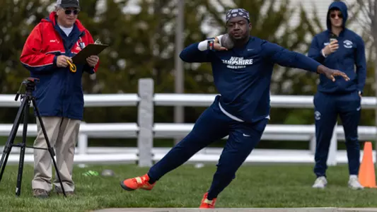 Yoofi Abaka-Amuah throws the shot put at the UNH Wildcat Invitational on April 25, 2026. He won the event with a school record.