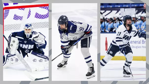 Action photos of the 2026-27 women's hockey captains (LtoR Noemi Martinez, Lucie Legro, Danika Botterill)