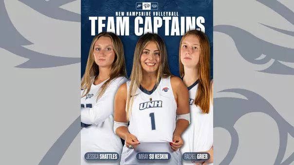 Graphic dispalying 2026 UNH Volleyball captains Jessica Shattles, Miray Su Keskin, and Rachel Grier