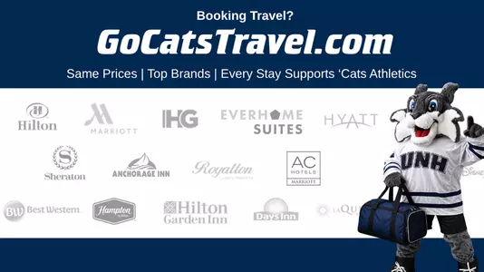 Photo of Wild E Cat with a suitcase to promote partnership with ScoreMore for GoCatsTravel.com