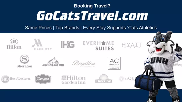 Photo of Wild E Cat with a suitcase to promote partnership with ScoreMore for GoCatsTravel.com