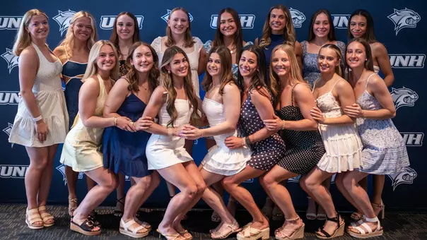 UNH Gymnastics Team poses for team photo at 2026 team banquet on May 3, 2026
