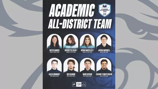 Graphic displaying all eight UNH skiers who were named to the CSC Academic All-District Team