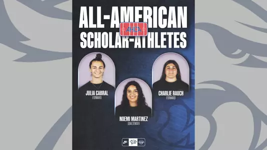 Graphic displaying 2025-26 AHCA All-American Scholars Julia Cabral, Noemi Martinez, and Charlie Rauch