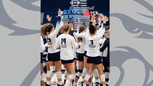 graphic displays volleyball team celebrating with text about AVCA volleyball academic honors