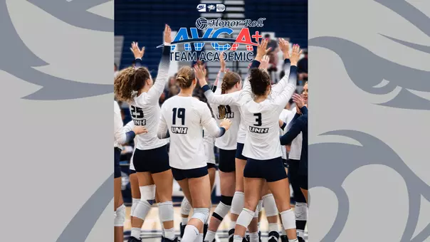 graphic displays volleyball team celebrating with text about AVCA volleyball academic honors