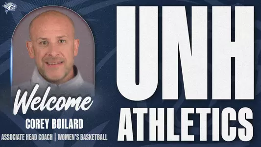 Graphic featuring head shot of new UNH women's basketball associate head coach Corey Boilard