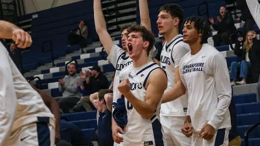 UNH men's basketball bench celebration led by Tyler Bike (vs Boston U; 12-06-25)
