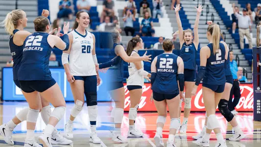 Hady Pickard (L) and Emma Converse (R) compete for UNH women's volleyball.