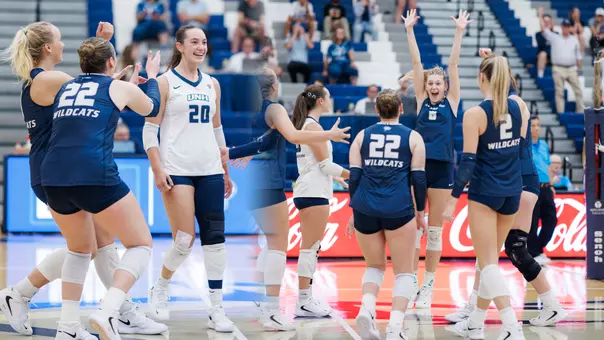 Hady Pickard (L) and Emma Converse (R) compete for UNH women's volleyball.