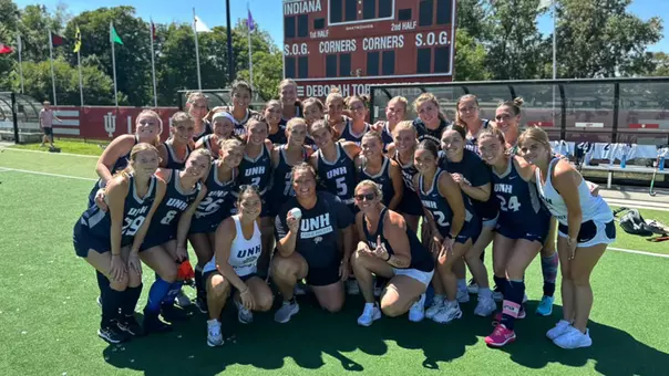UNH field hockey team celebrates first career win for head coach Sarah Mansfield-Lahl (Sept 6, 2026)