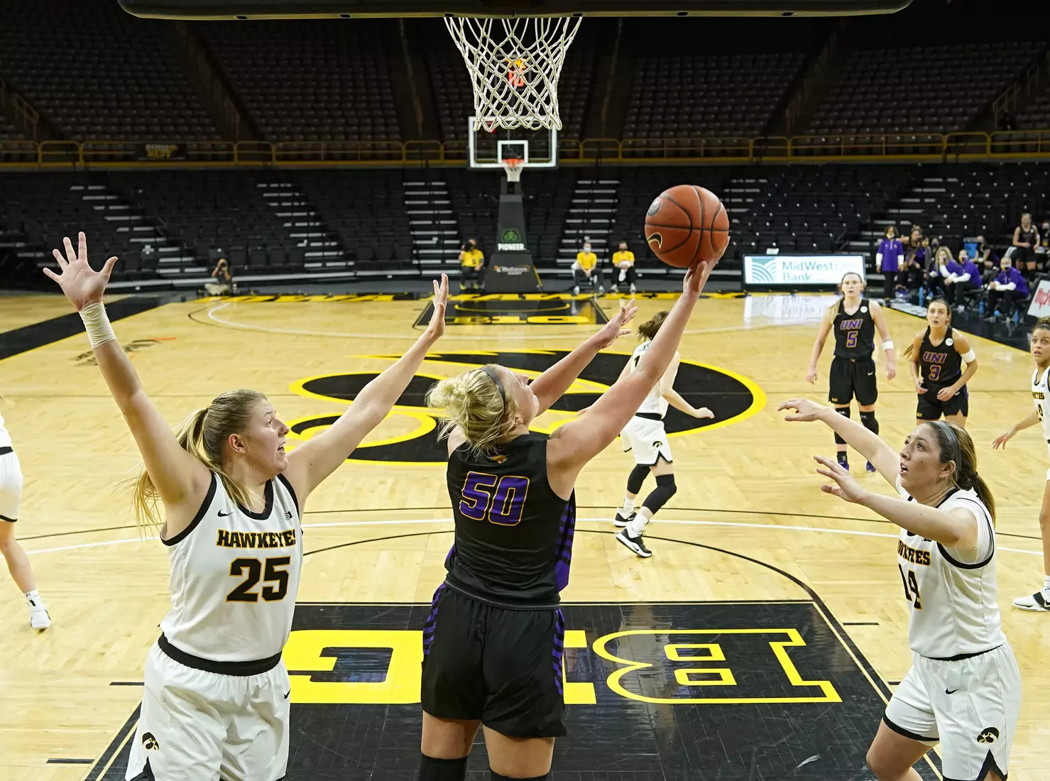 Northern Iowa Panthers forward Megan Maahs (50) hooks in a basket during the second quarter of their game at Carver-Hawkeye Arena in Iowa City on Wednesday, November 25, 2020. (Stephen Mally/hawkeyesports.com)