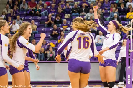 UNI volleyball celebration