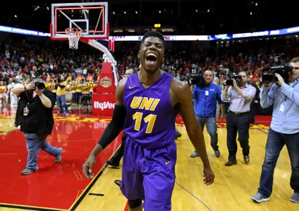 Northern Iowa guard Wes Washpun celebrates after the final buzzer at an NCAA college basketball game against Iowa State, Saturday, Dec. 19, 2015, in Des Moines, Iowa. Northern Iowa won 81-79. (AP Photo/Justin Hayworth)
