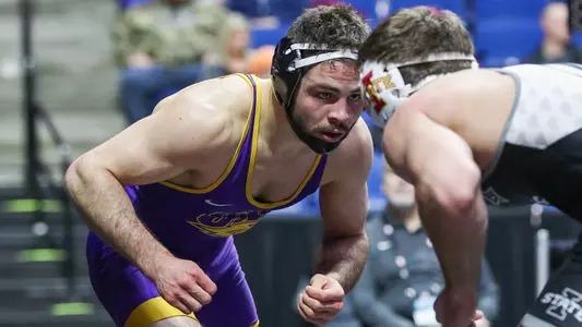 Northern Iowa's Bryce Steiert and Iowa State's Logan Schumacher.  Image taken at the Big 12 Wrestling Championship, Sunday, March 10, 2019, BOK Center, Tulsa, OK. Brett Rojo/For The Big 12 Conference
