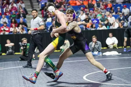 Northern Iowa's Josh Alber and North Dakota State's Sawyer Degen. Image taken at the Big 12 Wrestling Championship, Saturday, March 09, 2019, BOK Center, Tulsa, OK. Brett Rojo/For The Big 12 Conference