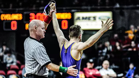 Jay Schwarm Celebrates After Earning a Pin at Iowa State