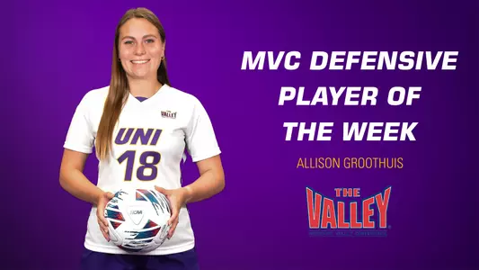 A headshot of Allison Groothuis on a purple background with the text "MVC Defensive Player of the Week" and the Missouri Valley Conference logo on it.