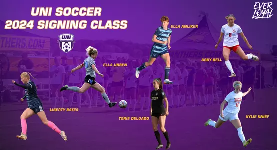 Graphic with photos of UNI soccer's six-person recruiting class