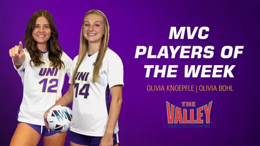 Olivia Bohl and Olivia Knoepfle on a graphic with "MVC Players of the Week" written on a purple background