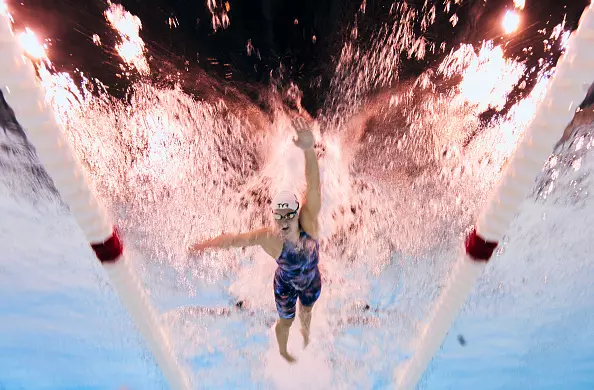 NANTERRE, FRANCE - AUGUST 31: (EDITORS NOTE: Image was captured using an underwater robotic camera.) Olivia Chambers of Team United States competes during the Women's 400m Freestyle S13 Heats on day three of the Paris 2024 Summer Paralympic Games at Paris La Defense Arena on August 31, 2024 in Nanterre, France. (Photo by Adam Pretty/Getty Images)