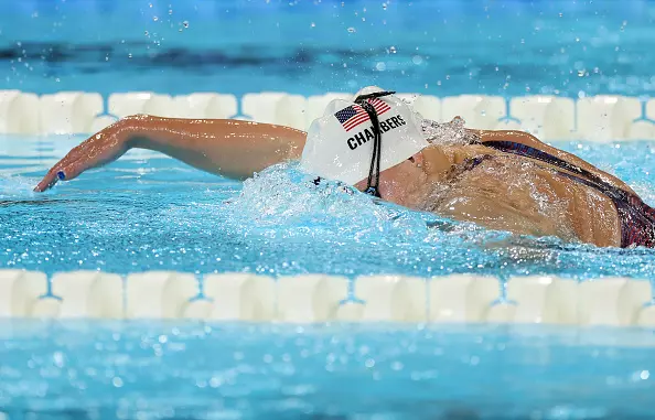 NANTERRE, FRANCE - AUGUST 31: Olivia Chambers of Team United Staes competes in the heats of the Women's 400m Freestyle -S13 on day three of the Paris 2024 Summer Paralympic Games at Paris La Defense Arena on August 31, 2024 in Nanterre, France. (Photo by Ian MacNicol/Getty Images)
