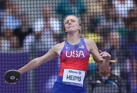 PARIS, FRANCE - SEPTEMBER 01: Jessica Heims of Team United States of America competes in Women's Discus Throw - F64 Final on day Four of the Paris 2024 Summer Paralympic Games at Stade de France on September 01, 2024 in Paris, France. (Photo by Michael Reaves/Getty Images)