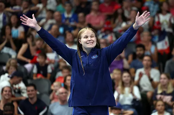 NANTERRE, FRANCE - AUGUST 31: Olivia Chambers of United States is seen with her Gold medal from the Women's 400m Freestyle - S13 final on day three of the Paris 2024 Summer Paralympic Games at Paris La Defense Arena on August 31, 2024 in Nanterre, France. (Photo by Ian MacNicol/Getty Images)