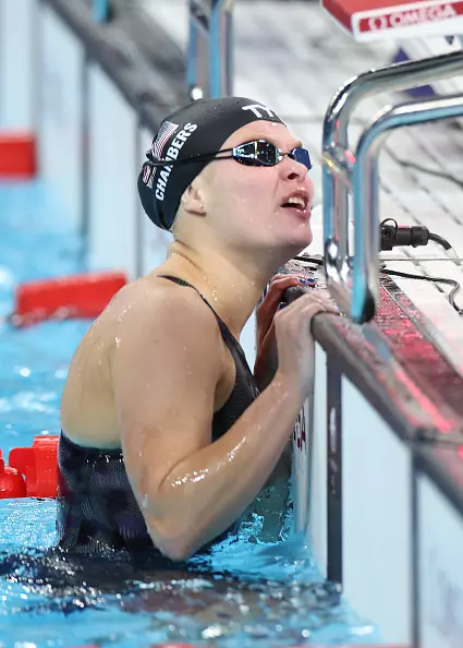 NANTERRE, FRANCE - SEPTEMBER 03: Olivia Chambers of Team United States reacts after the Women's 200m Individual Medley - SM13 Final on day six of the Paris 2024 Summer Paralympic Games at Paris La Defense Arena on September 03, 2024 in Nanterre, France. (Photo by Adam Pretty/Getty Images)