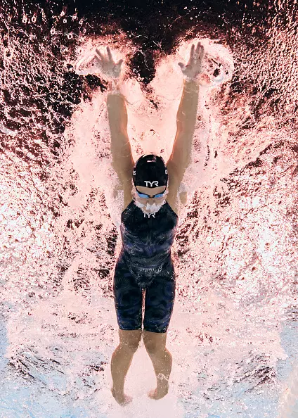 NANTERRE, FRANCE - SEPTEMBER 03: (EDITORS NOTE: Image was captured using an underwater robotic camera.) Olivia Chambers of Team United States competes during the Women's 200m Individual Medley - SM13 Final on day six of the Paris 2024 Summer Paralympic Games at Paris La Defense Arena on September 03, 2024 in Nanterre, France. (Photo by Adam Pretty/Getty Images)