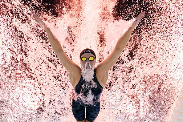 NANTERRE, FRANCE - SEPTEMBER 03: (EDITORS NOTE: Image was captured using an underwater robotic camera.) Olivia Chambers of Team United States competes during the Women's 200m Individual Medley - SM13 Final on day six of the Paris 2024 Summer Paralympic Games at Paris La Defense Arena on September 03, 2024 in Nanterre, France. (Photo by Adam Pretty/Getty Images)