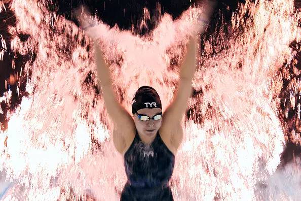NANTERRE, FRANCE - SEPTEMBER 03: (EDITORS NOTE: Image was captured using an underwater robotic camera.) Olivia Chambers of Team United States competes during the Women's 200m Individual Medley - SM13 Final on day six of the Paris 2024 Summer Paralympic Games at Paris La Defense Arena on September 03, 2024 in Nanterre, France. (Photo by Adam Pretty/Getty Images)