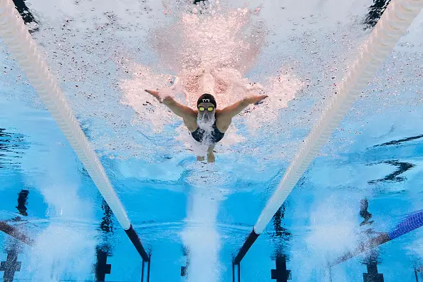 NANTERRE, FRANCE - SEPTEMBER 03: (EDITORS NOTE: Image was captured using an underwater robotic camera.) Olivia Chambers of Team United States competes during the Women's 200m Individual Medley - SM13 Final on day six of the Paris 2024 Summer Paralympic Games at Paris La Defense Arena on September 03, 2024 in Nanterre, France. (Photo by Adam Pretty/Getty Images)