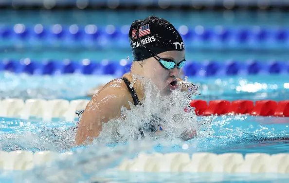 NANTERRE, FRANCE - SEPTEMBER 03: Silver medalist Olivia Chambers of Team United States competes in the Women's 200m Individual Medley SM13 final on day six of the Paris 2024 Summer Paralympic Games at Paris La Defense Arena on September 03, 2024 in Nanterre, France. (Photo by Ian MacNicol/Getty Images)
